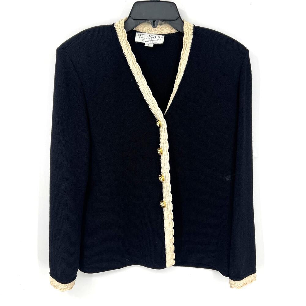 St John Collection Black Cream Trim Button Up Sweater Jacket Blazer Wool Blend 6